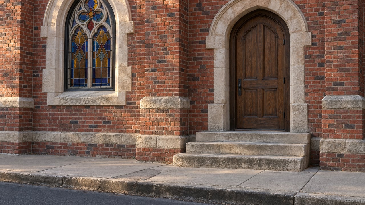 Red brick facade with a pointed stained-glass arch beside a recessed oak door and worn limestone steps.