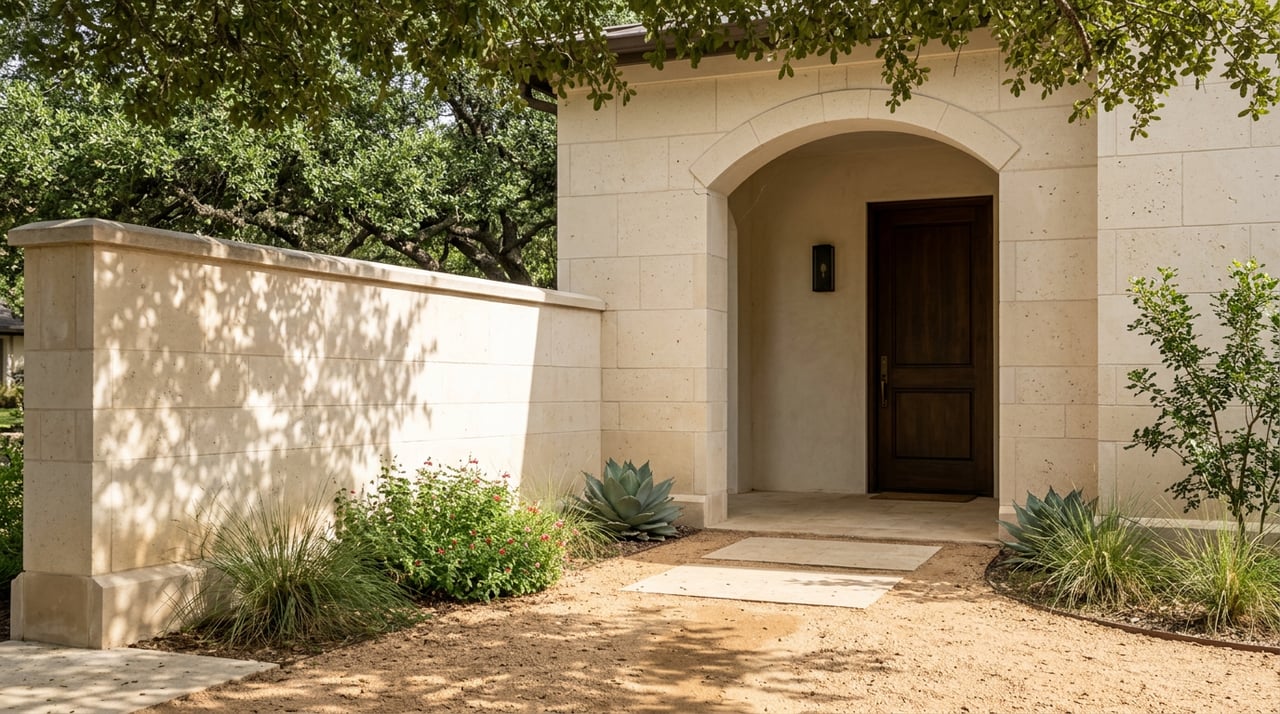 Limestone path and garden wall lead to an arched porch with a dark walnut door beneath oak branches.