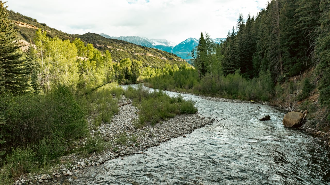 Mountain river winding through a forested valley with rocky banks.