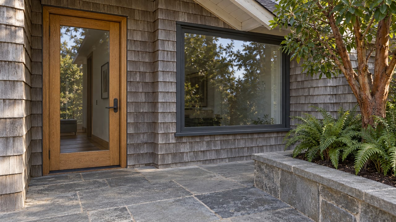 Glazed oak front door and broad window in a weathered cedar-shingle home, beside a stone landing and raised bed with a strawberry tree and sword ferns.