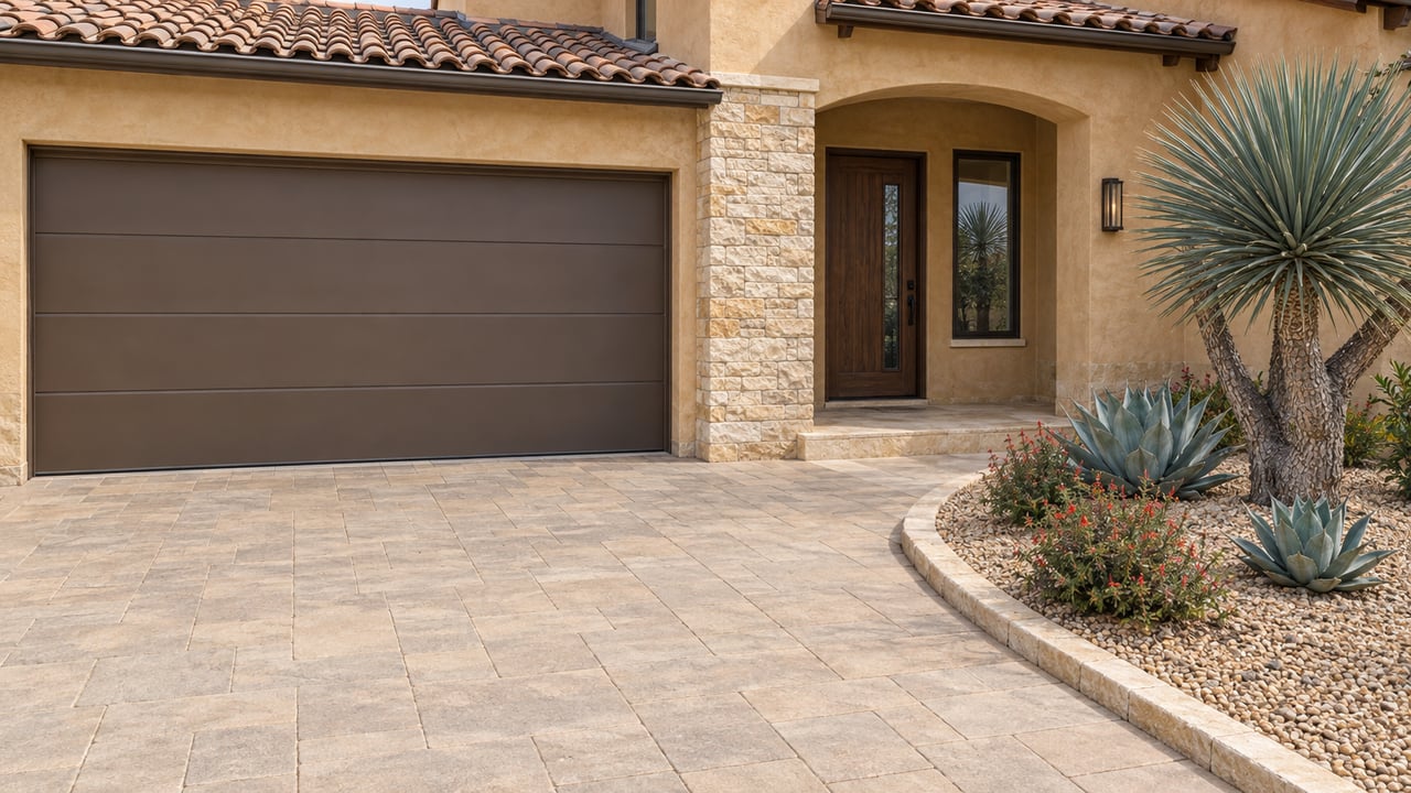 Warm stucco house with a bronze garage door, recessed arched entry, limestone accents, and a curved desert planting bed beside the paved driveway.