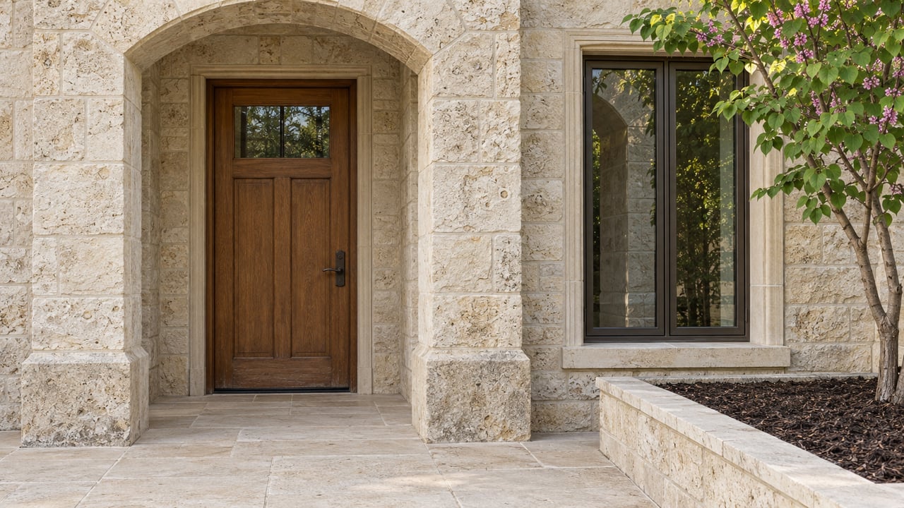 Close view of a limestone arched entry with an oak door, bronze-framed window and redbud in a raised stone planter.