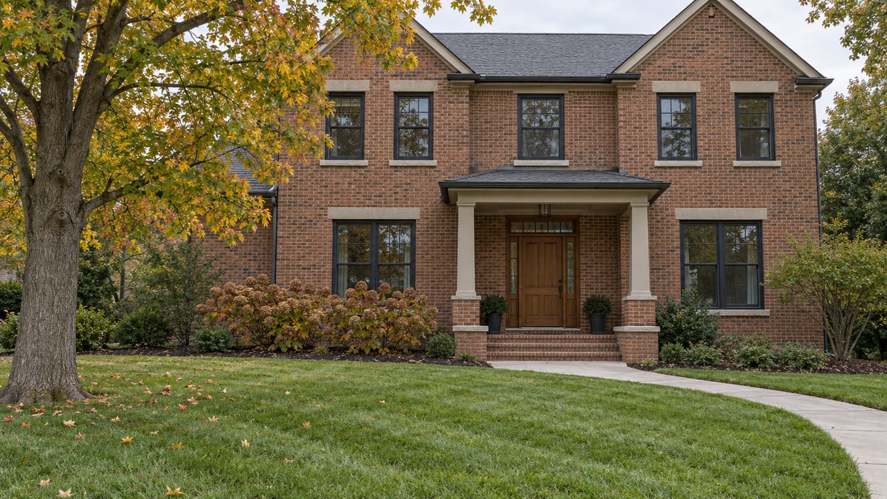 Two-story red-brown brick home with a covered oak-door entry, broad green lawn and an amber-leaved maple.