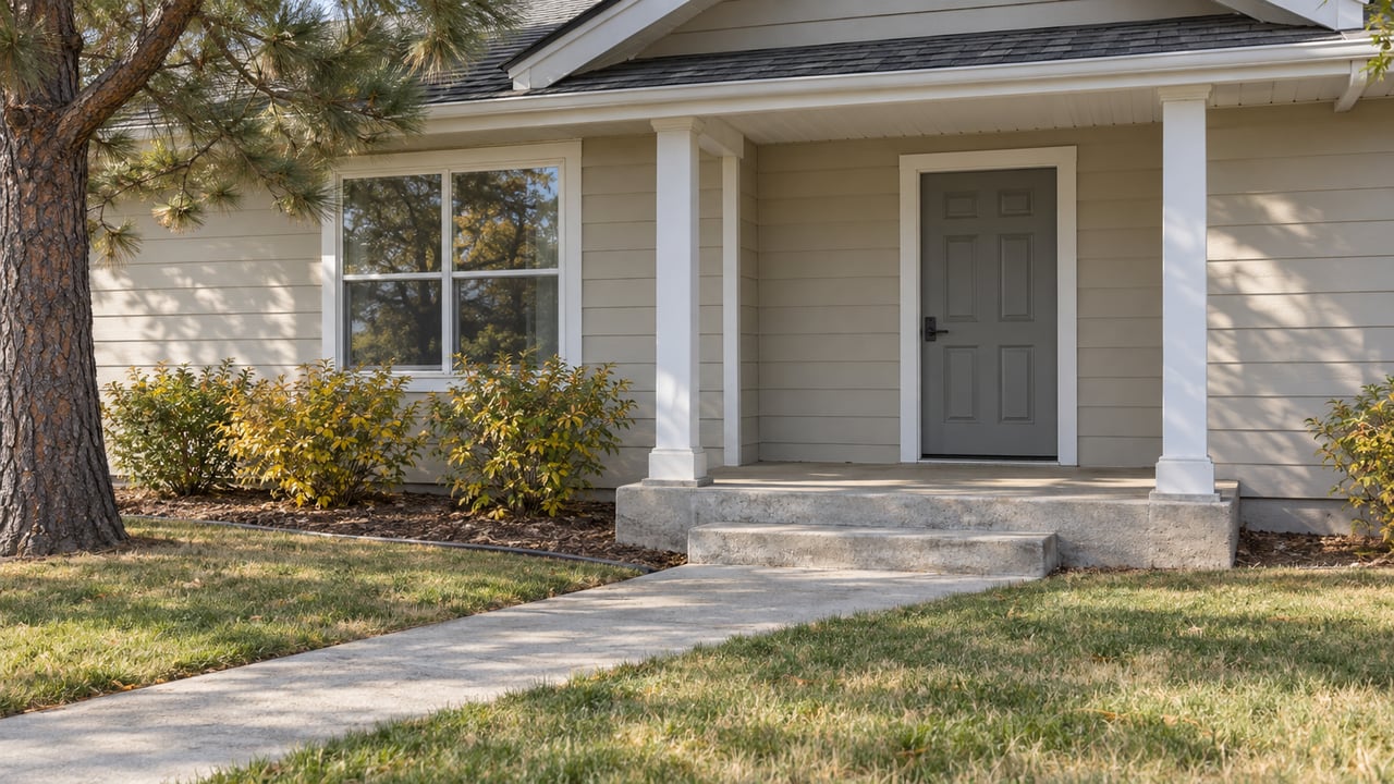 A beige lap-sided home with a covered porch, concrete approach, autumn lawn and yellowing birchleaf spirea.
