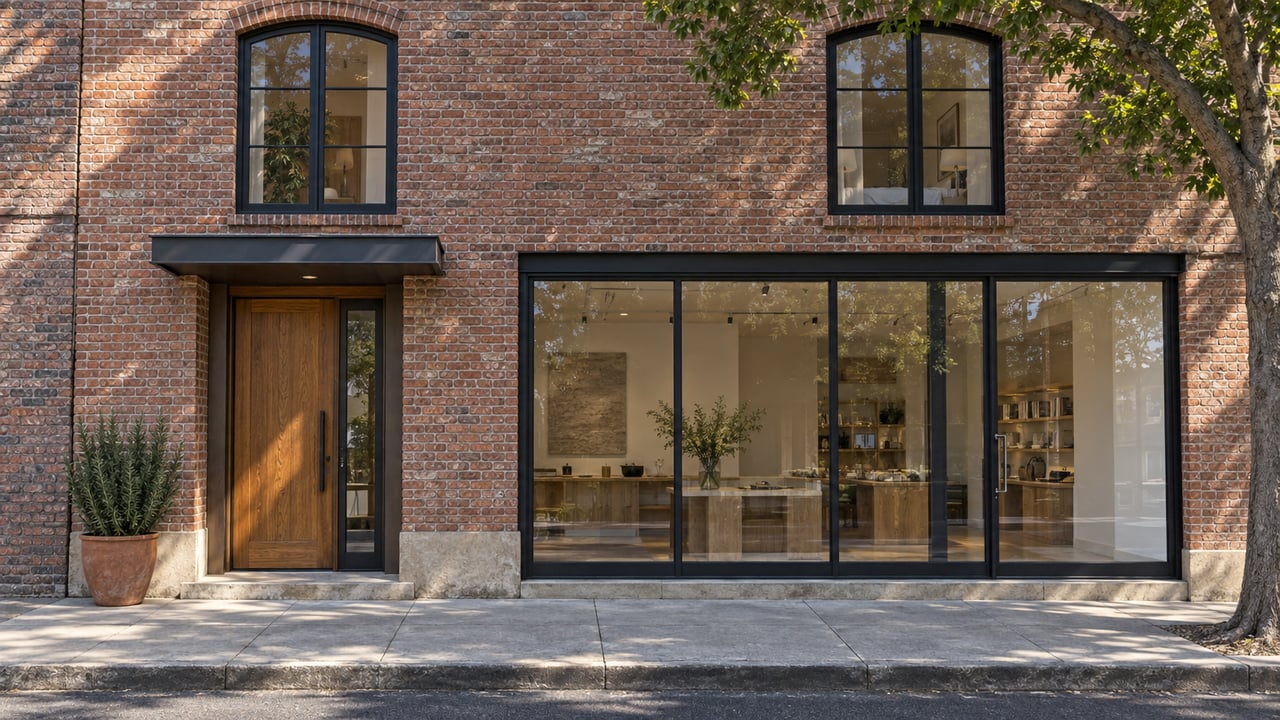 Red-brown brick mixed-use building with arched upper windows, recessed oak doorway, and glazed shopfront.