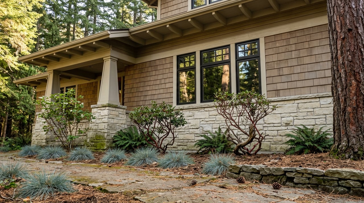 Mountain-lodge home with a stone foundation, tapered porch columns, and a granite path edged with grasses and ferns.
