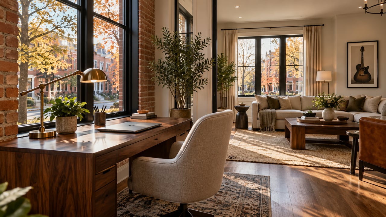 Illustrated Nashville-style home office with walnut desk, brick walls and autumn trees outside tall windows.