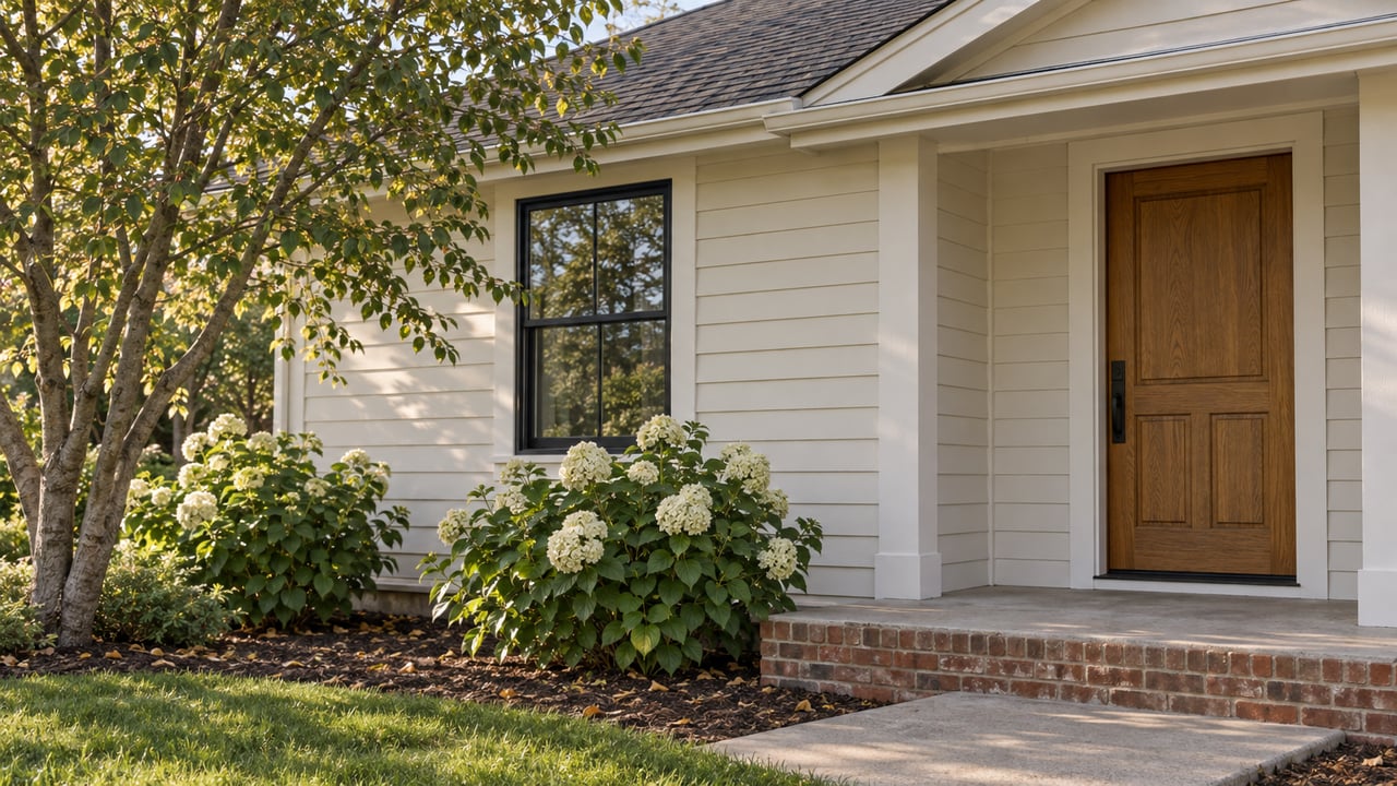 Ivory-sided home with a recessed oak door, black-framed window, brick porch, and flowering shrubs.