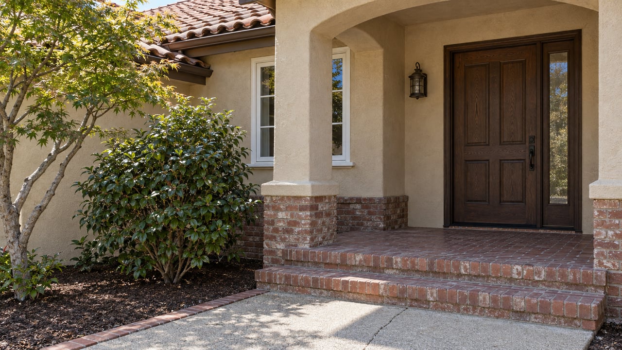 Sunlit tan stucco home with a clay tile roof, recessed oak entry, brick steps and an established maple beside the porch.