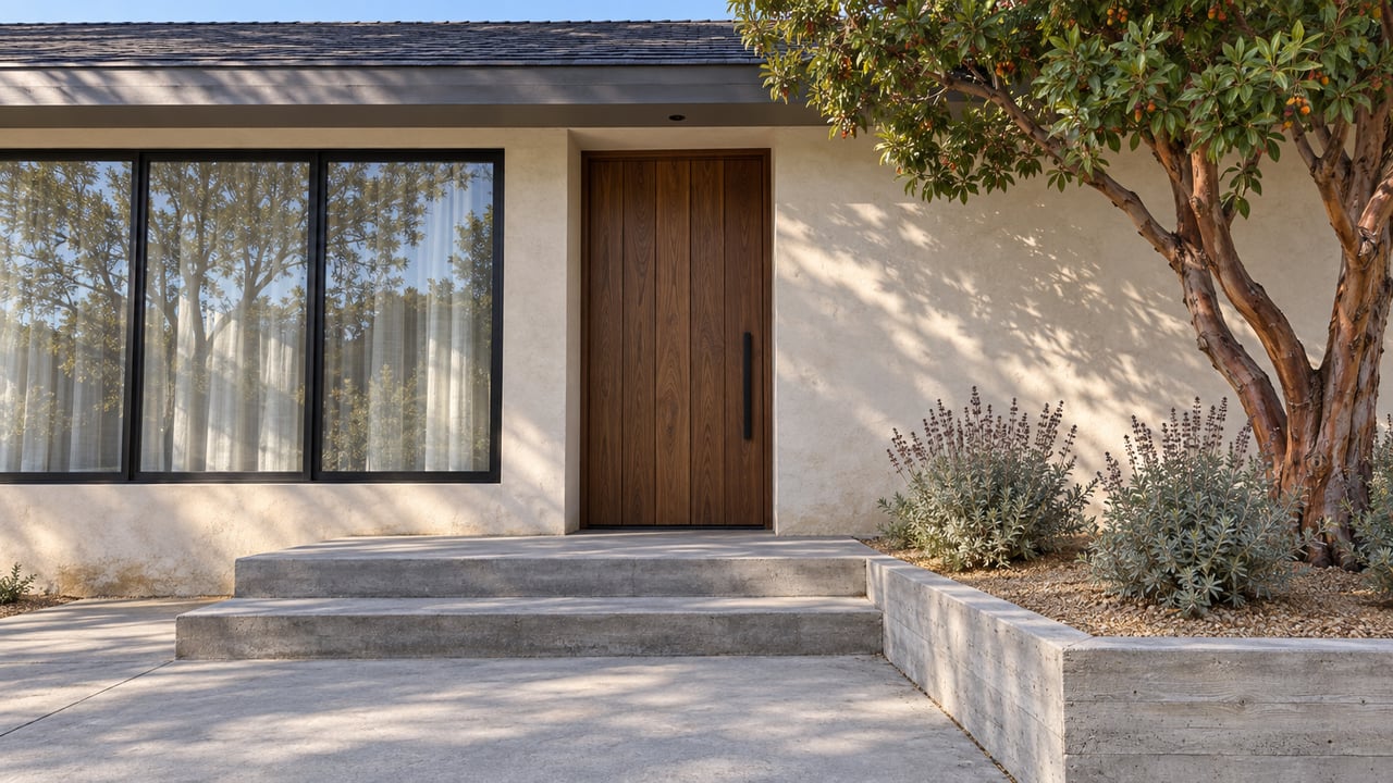 Cream plaster home with a walnut front door, black-framed windows and concrete entry steps beside a sculptural strawberry tree.