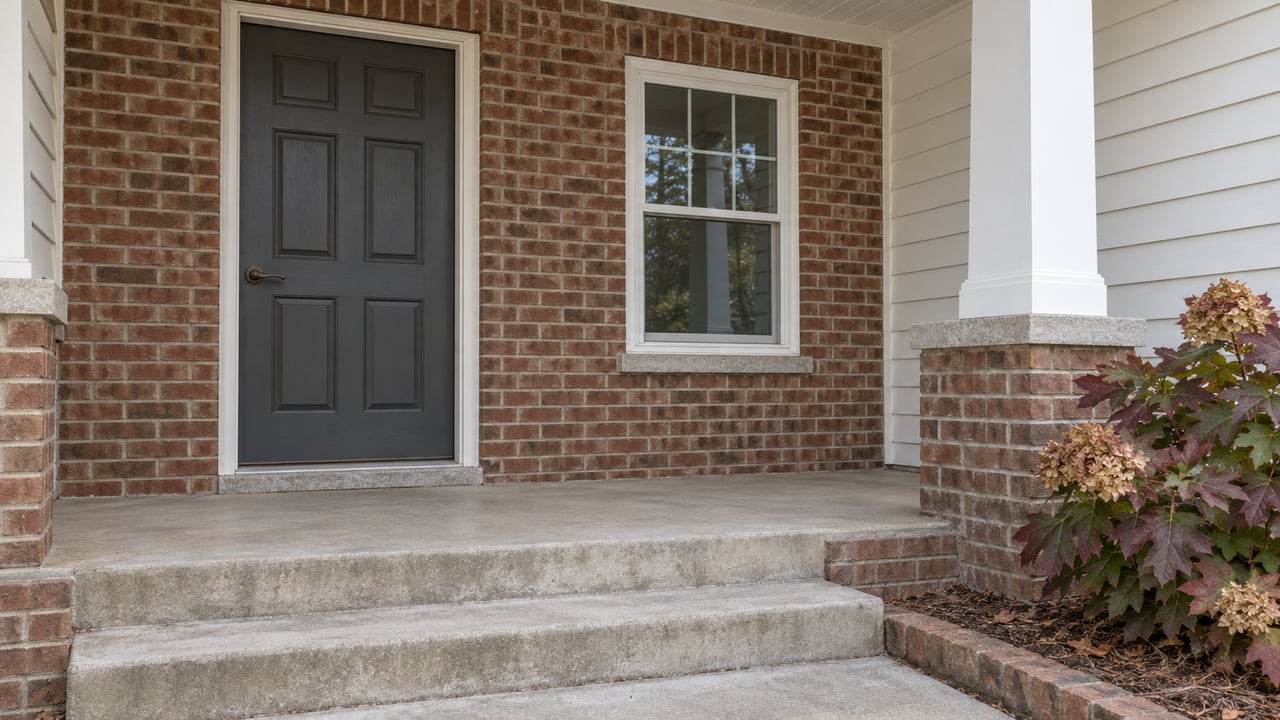 Covered front entry with red-brown brick, a charcoal paneled door, light siding and broad concrete steps beside autumn oakleaf hydrangea.