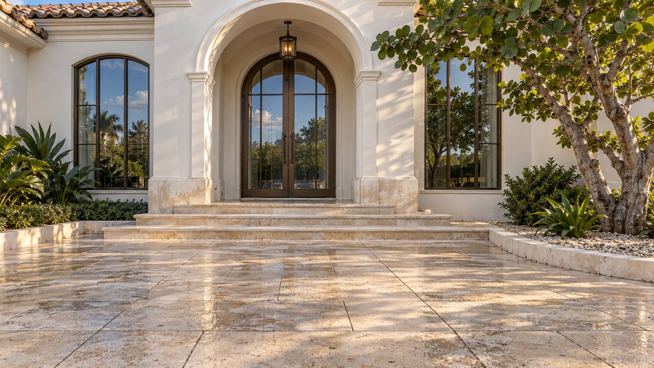 Limestone approach and arched glazed bronze doorway of a white stucco estate, beside a sculptural sea grape tree after rain.