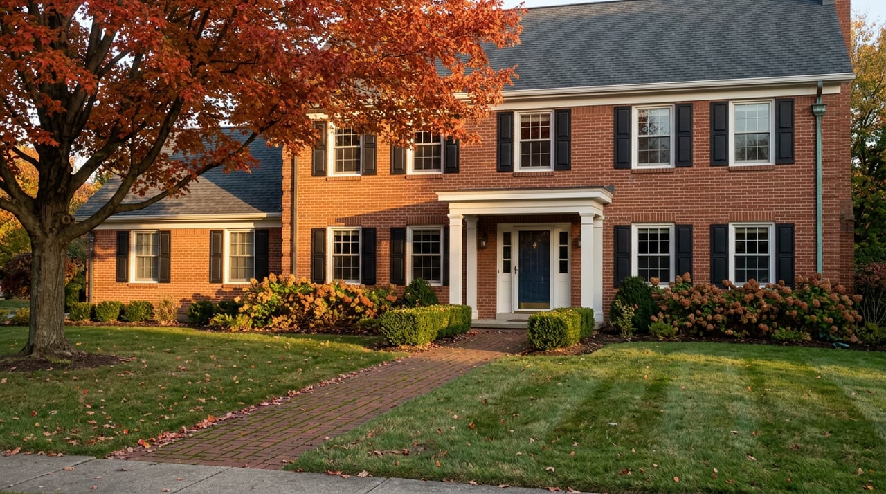 Red-brick colonial with a navy door, diagonal brick walkway, and crimson-orange maple canopy.