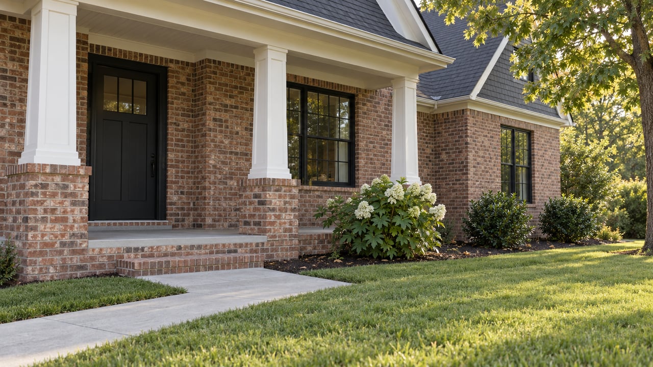 Brick house porch with a white column, dark front door, gridded window, and concrete walk across the lawn.