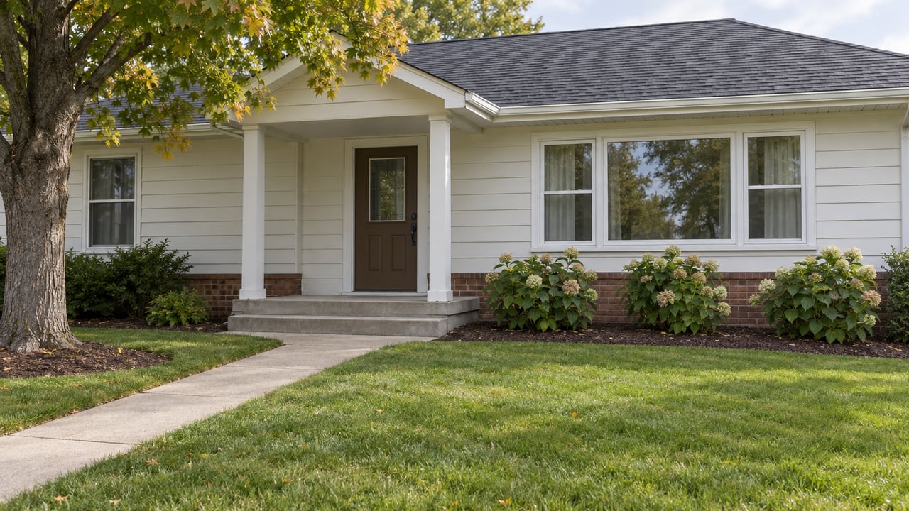 Single-story white house with a covered entry, brick foundation, and autumn tree beside the lawn.