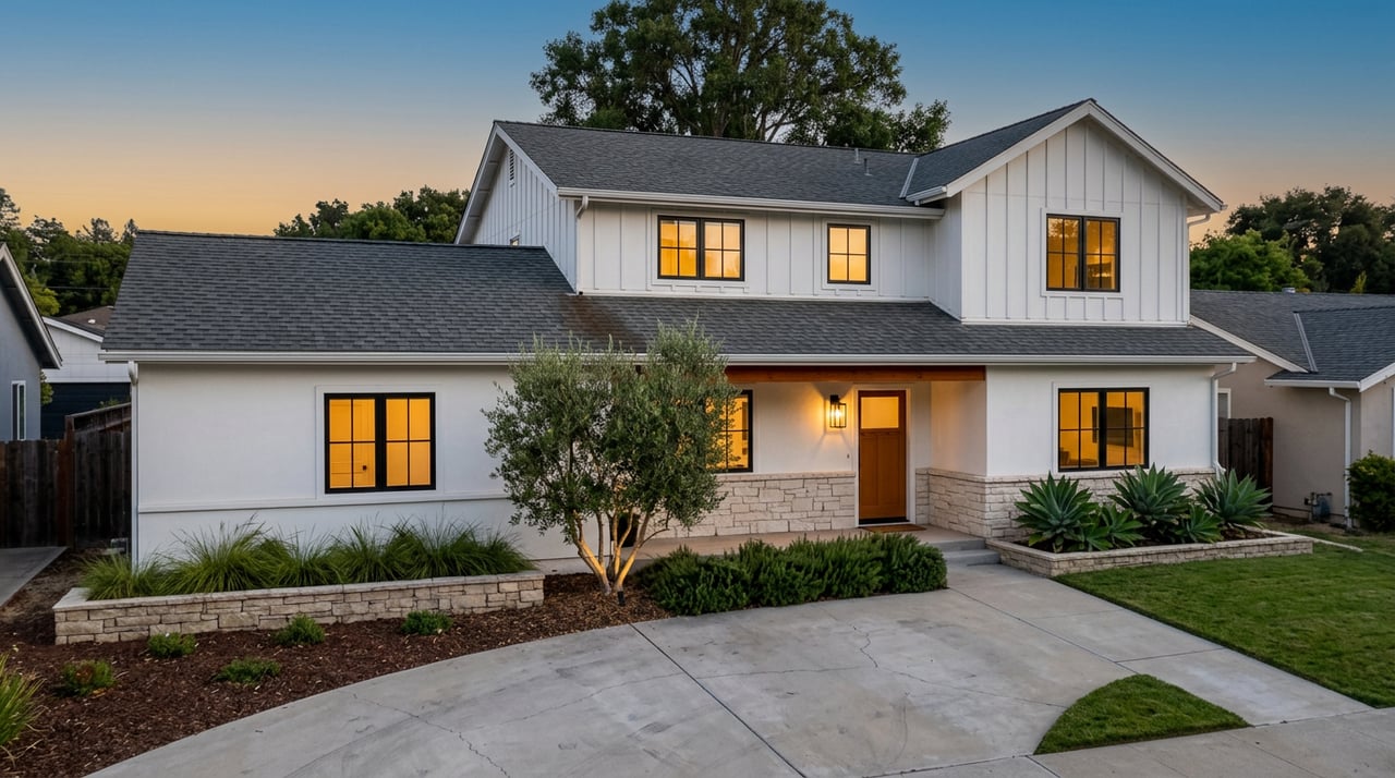 Modern farmhouse with glowing windows, a lantern-lit entry, olive tree, and stone garden wall at blue hour.