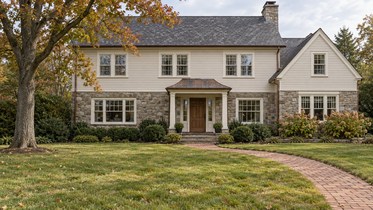 A stone-and-cream clapboard home behind a broad autumn lawn, with a brick entry walk, mature red oak, and oakleaf hydrangeas.