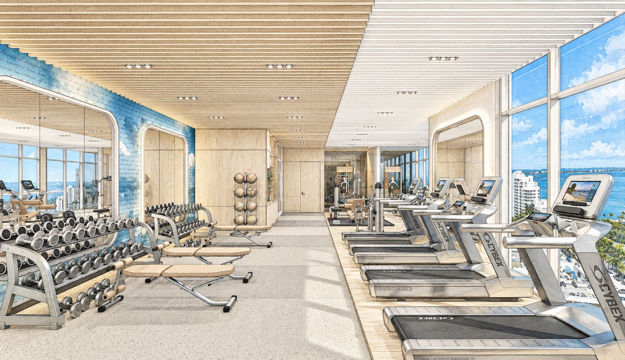 Rendered fitness center with treadmills and weight benches beside windows overlooking the water.
