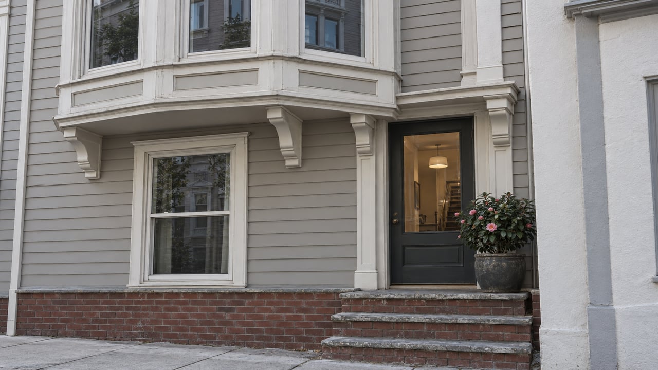 Attached gray clapboard house with a projecting bay, brick stoop, recessed entry, and potted camellia.