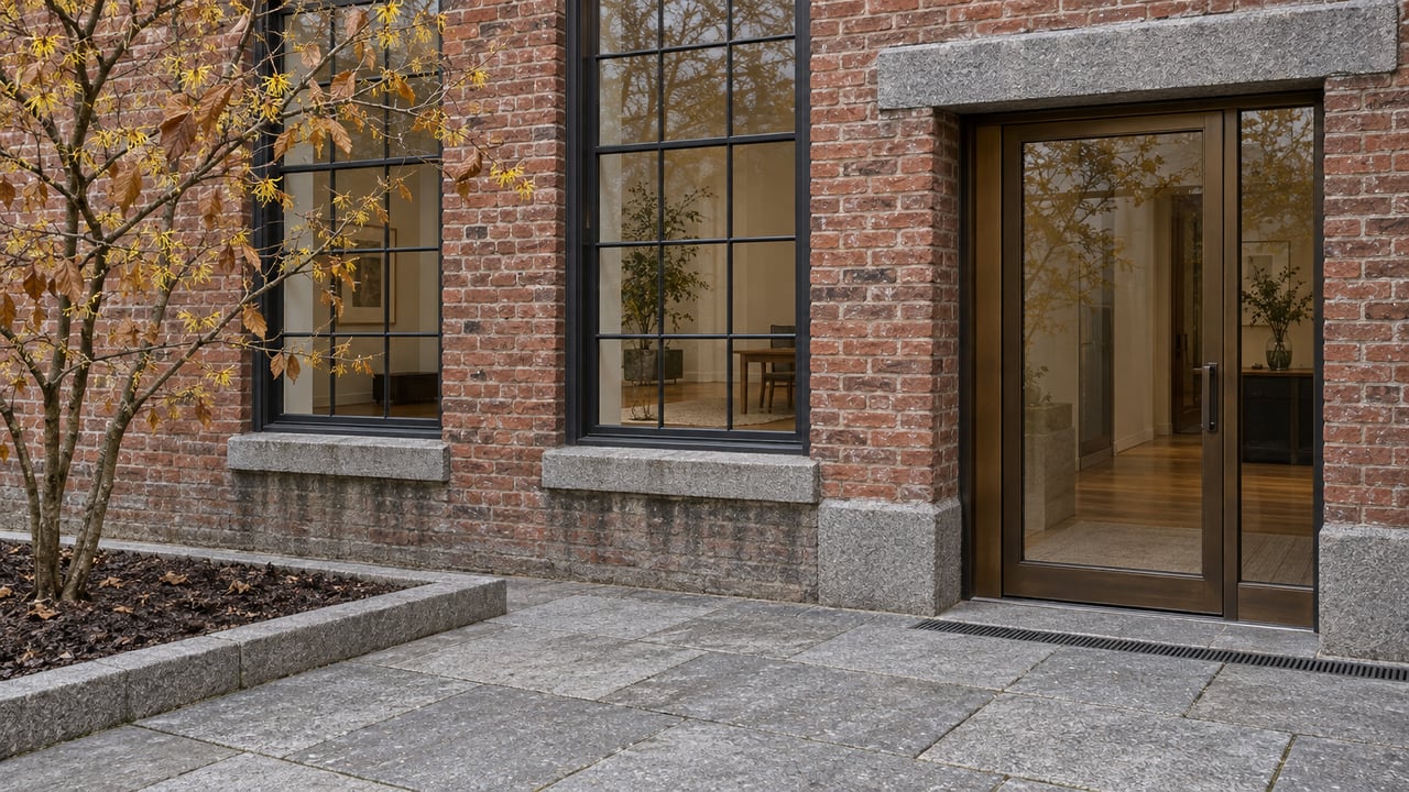 Weathered brick residential facade with tall steel windows, a glazed bronze entrance, granite paving and one autumn witch hazel.