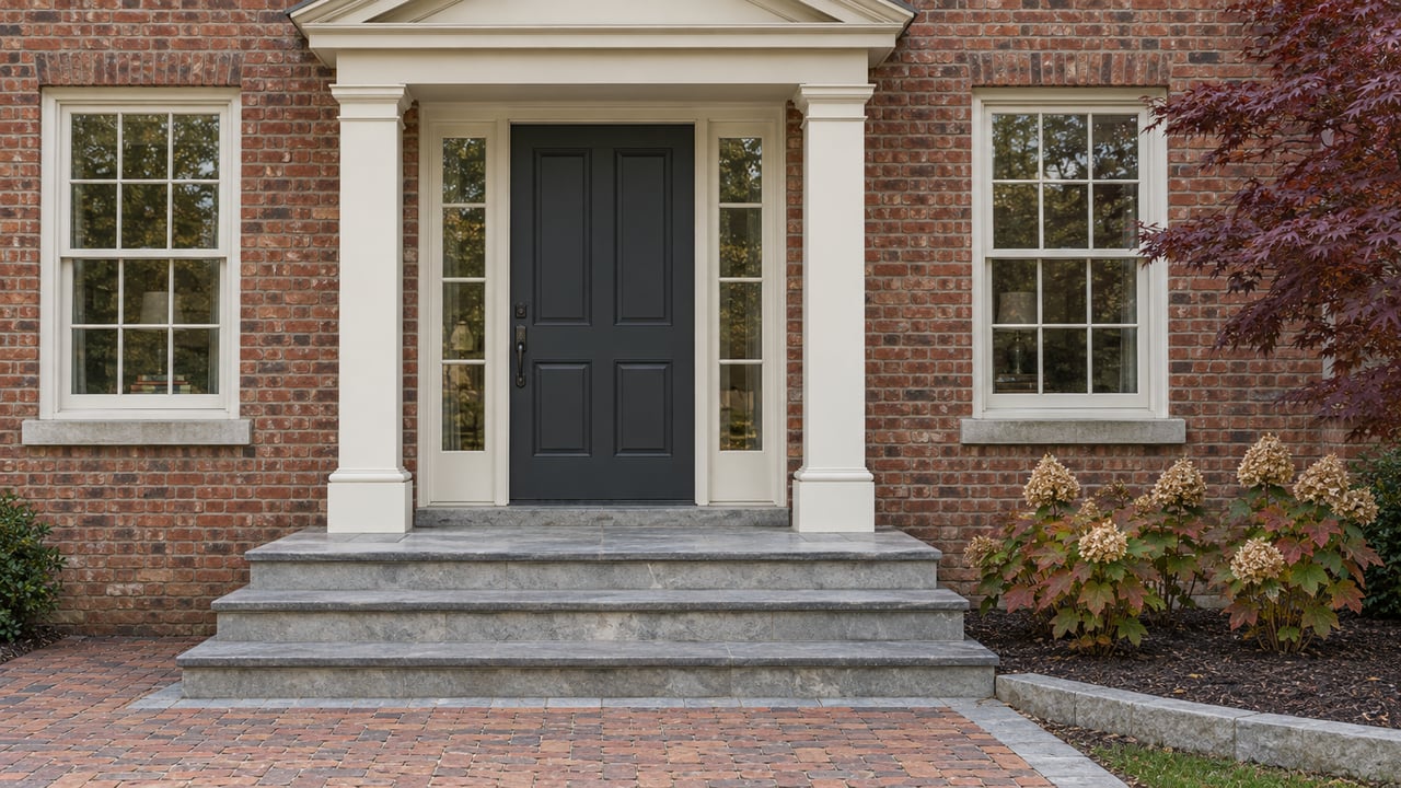 Red-brown brick home entry with an ivory pediment, charcoal door, paired windows, limestone steps and autumn planting.