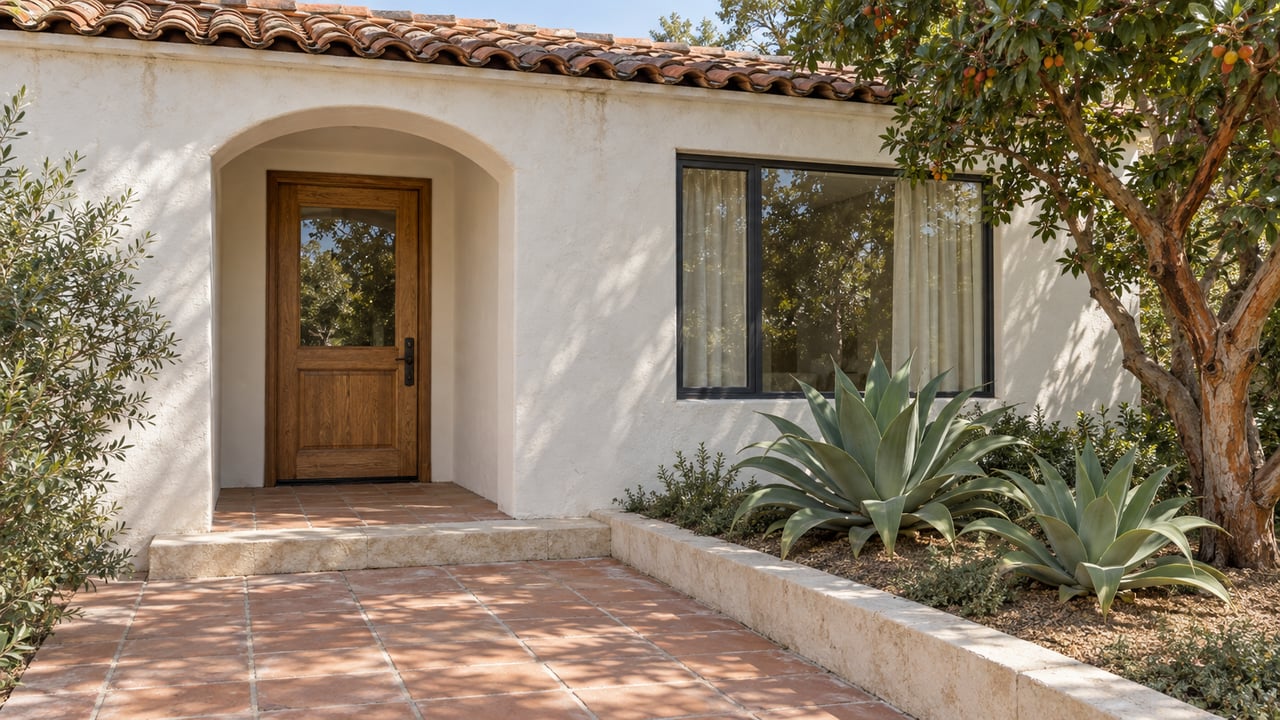 Sunlit white stucco home with a clay-tile roof, recessed arched oak entry, terracotta approach, and sculptural planting in a stone-edged bed.