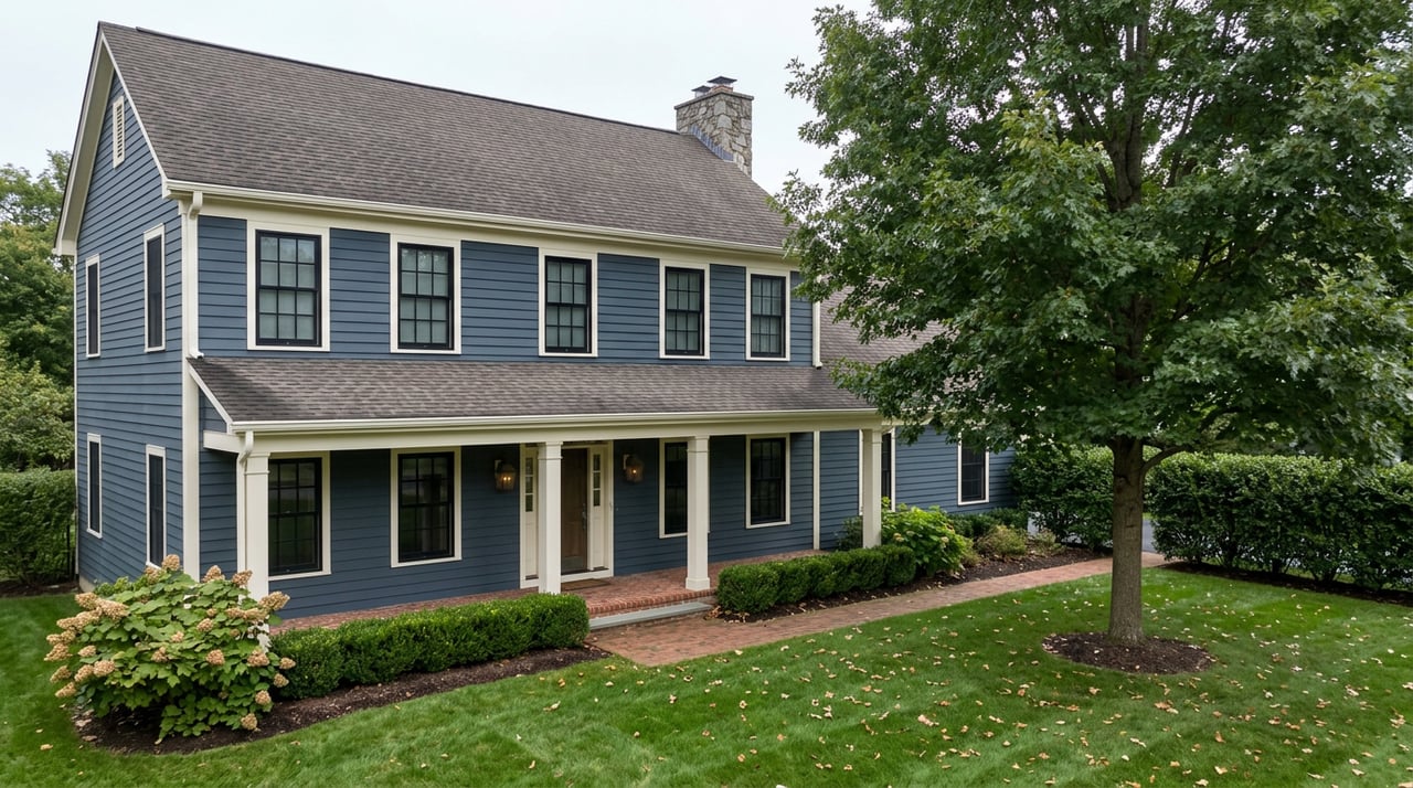 Slate-blue colonial house with white trim and stone chimney, beside a broad oak on a deep lawn.