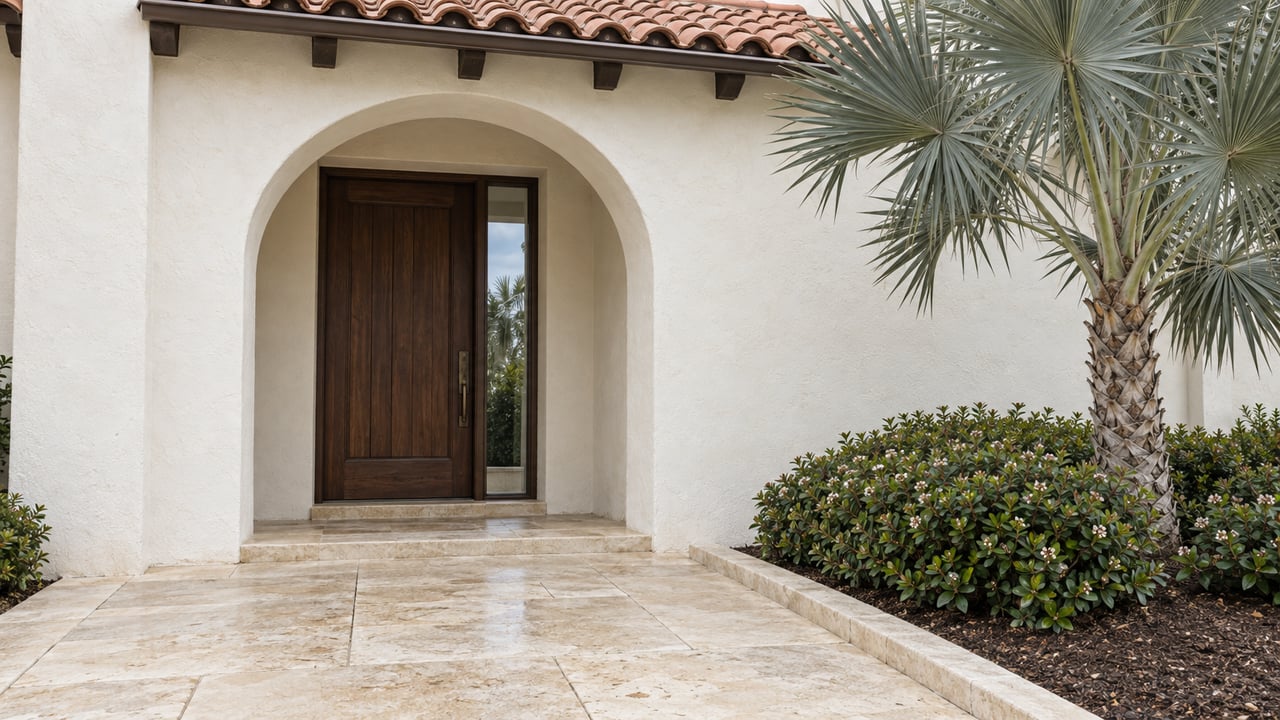 Arched stucco entry with a dark timber door, limestone approach, and a fan palm at the edge.