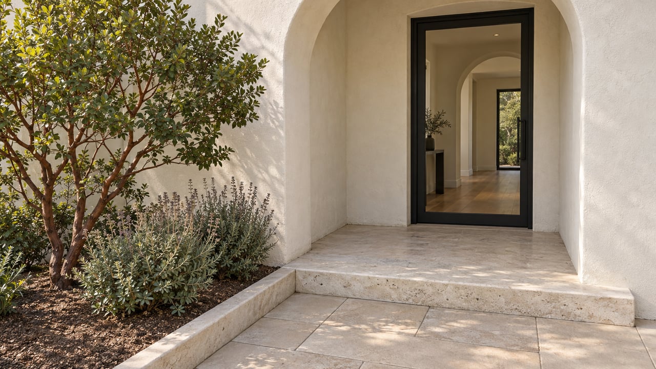 Sunlight crosses a curved ivory stucco entry with a black-framed glass door, pale stone steps, and sculptural manzanita planting.