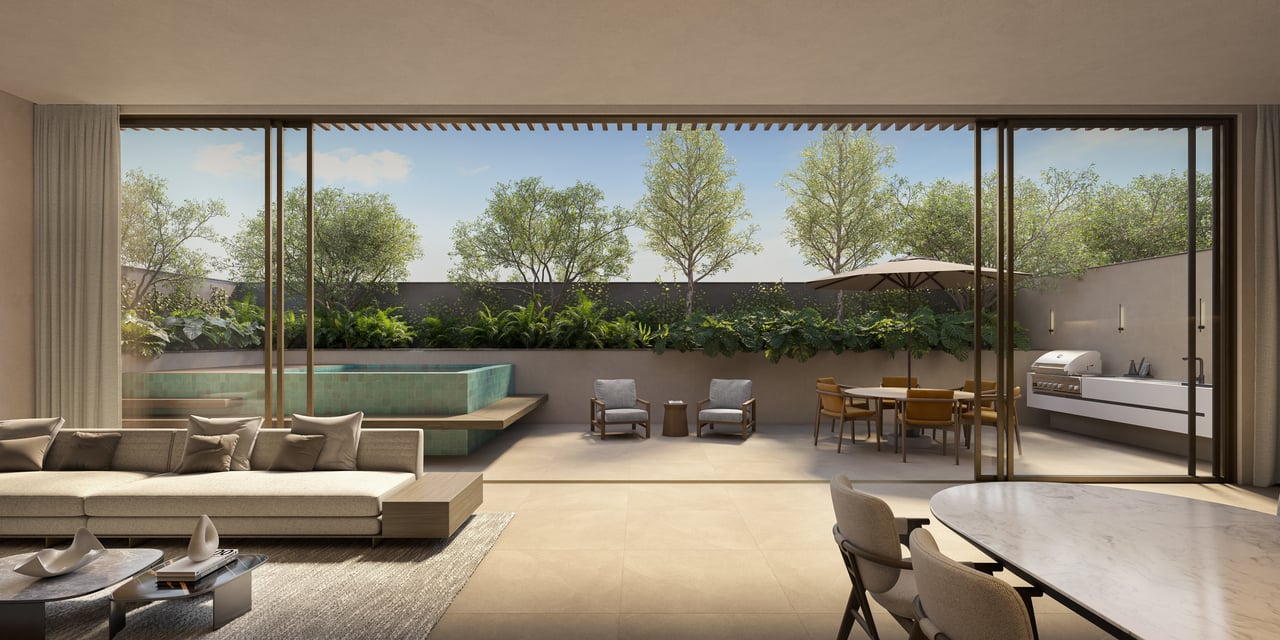 Garden residence at Colette Residences with private pool, outdoor kitchen, covered terrace, and seamless indoor-outdoor living in South Brickell.