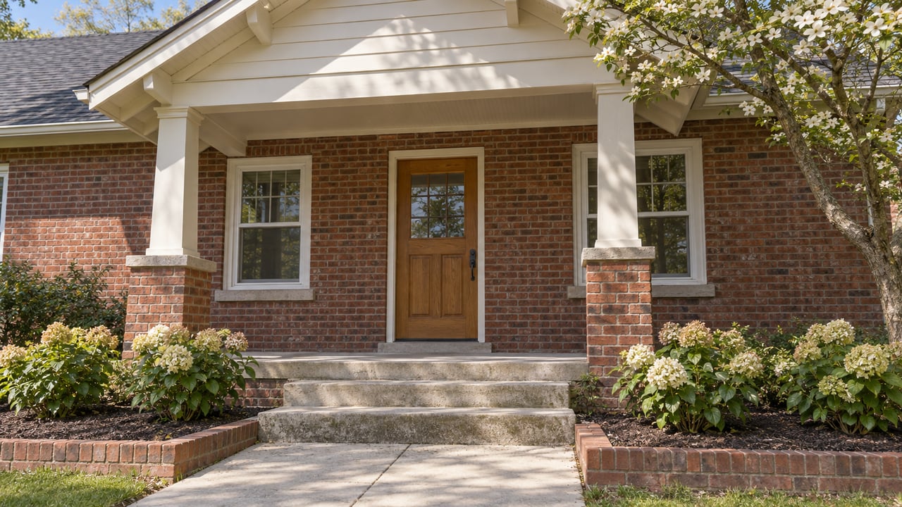 Brick house entrance with ivory porch posts, an oak door, broad concrete steps and flowering planting beds in morning light.