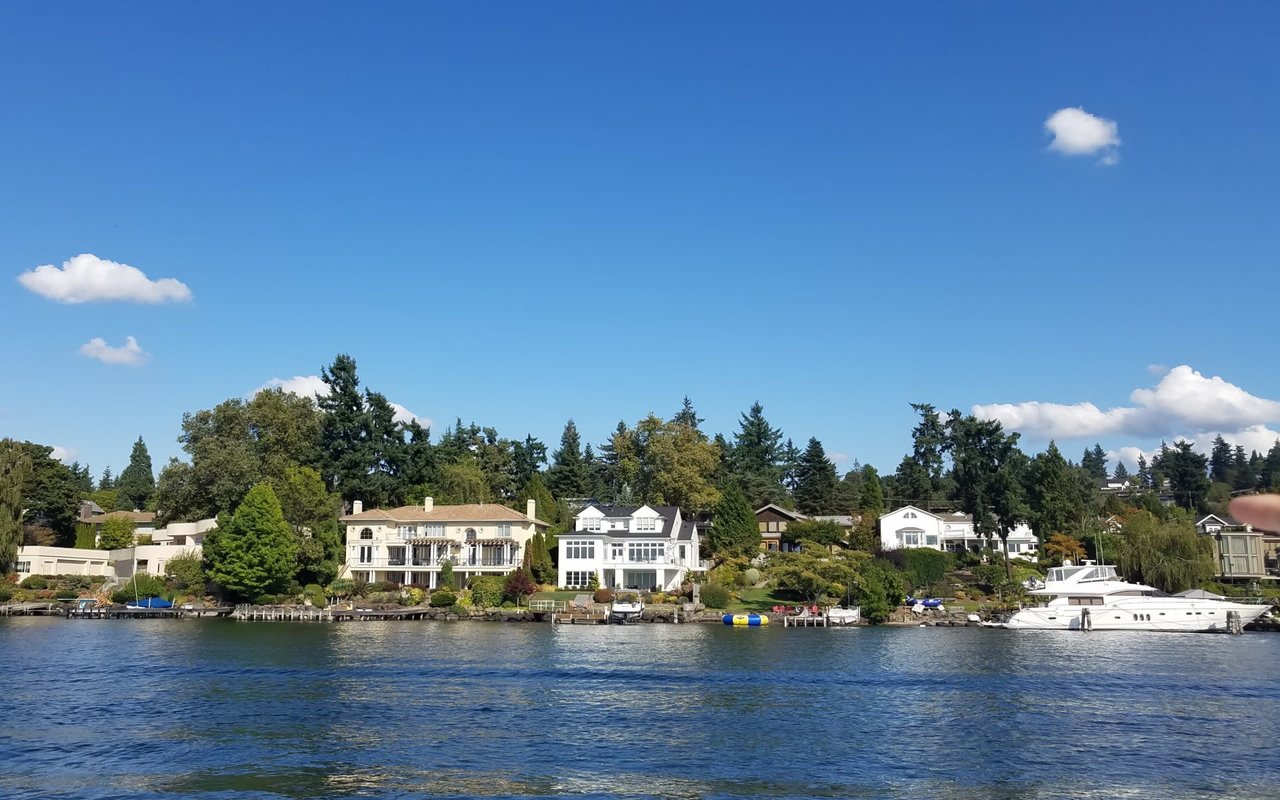 Waterfront homes line a tree-shaded shore, with docks, a large yacht, and blue water.
