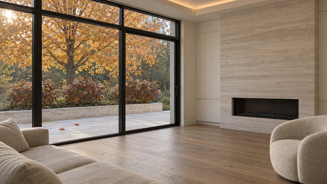 Modern living room with a limestone fireplace, oak floors and black-framed glazing overlooking an autumn maple and oakleaf hydrangeas.