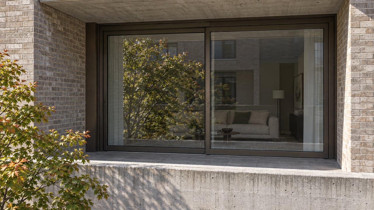 Close view of a condominium terrace with textured concrete, buff-gray brick, bronze-framed glass doors and autumn-tipped maple leaves.