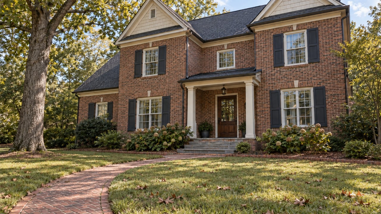 Traditional brick home with paired charcoal window shutters, a columned entrance and a curving brick walk across an autumn lawn.