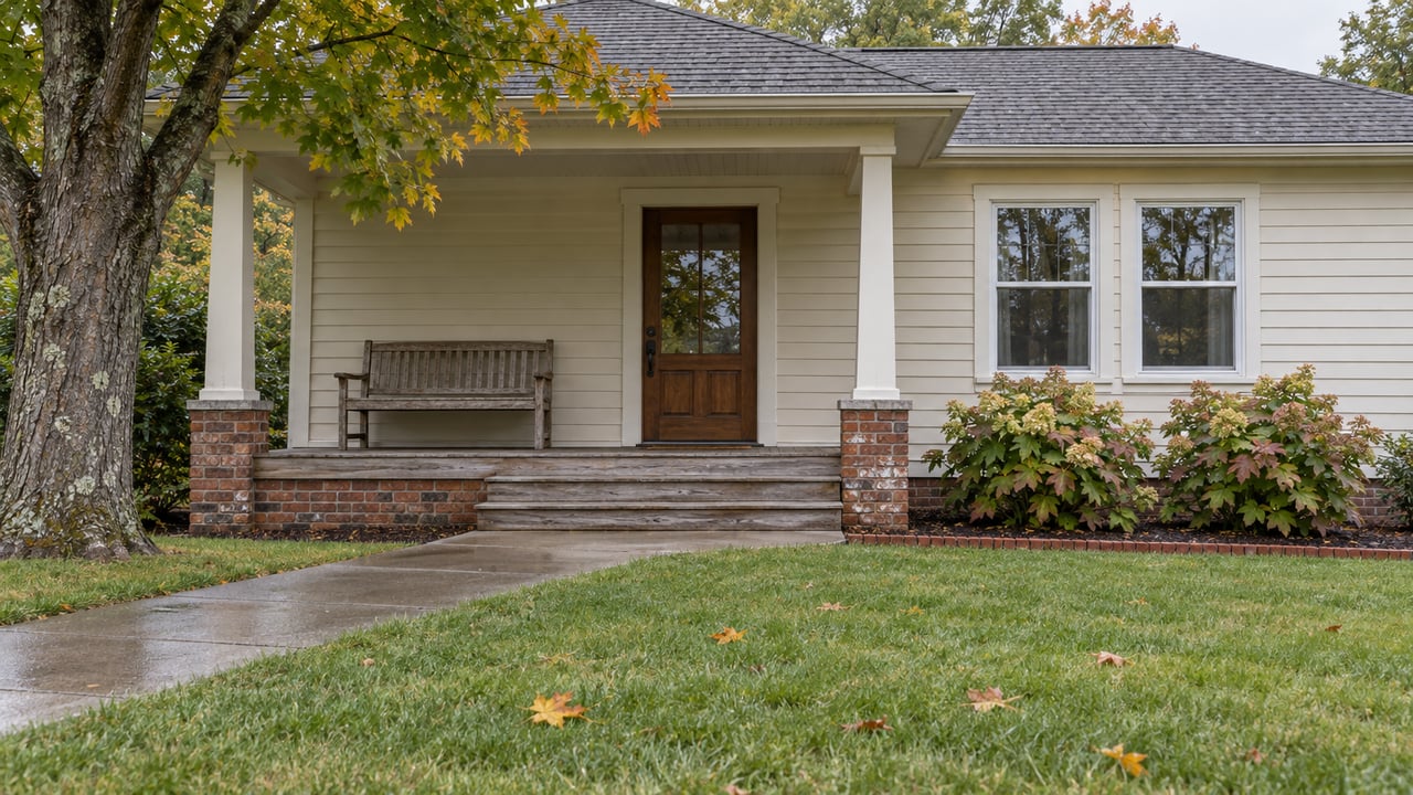 An established cream-sided ranch with a covered timber porch, brick foundation and a deep lawn beneath an autumn maple.