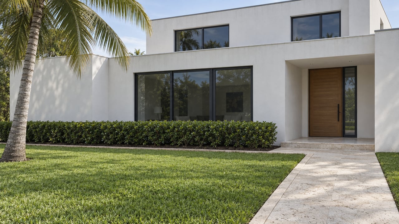 White contemporary home with dark-framed windows, a limestone entry walk, broad lawn, and a curved coconut palm.