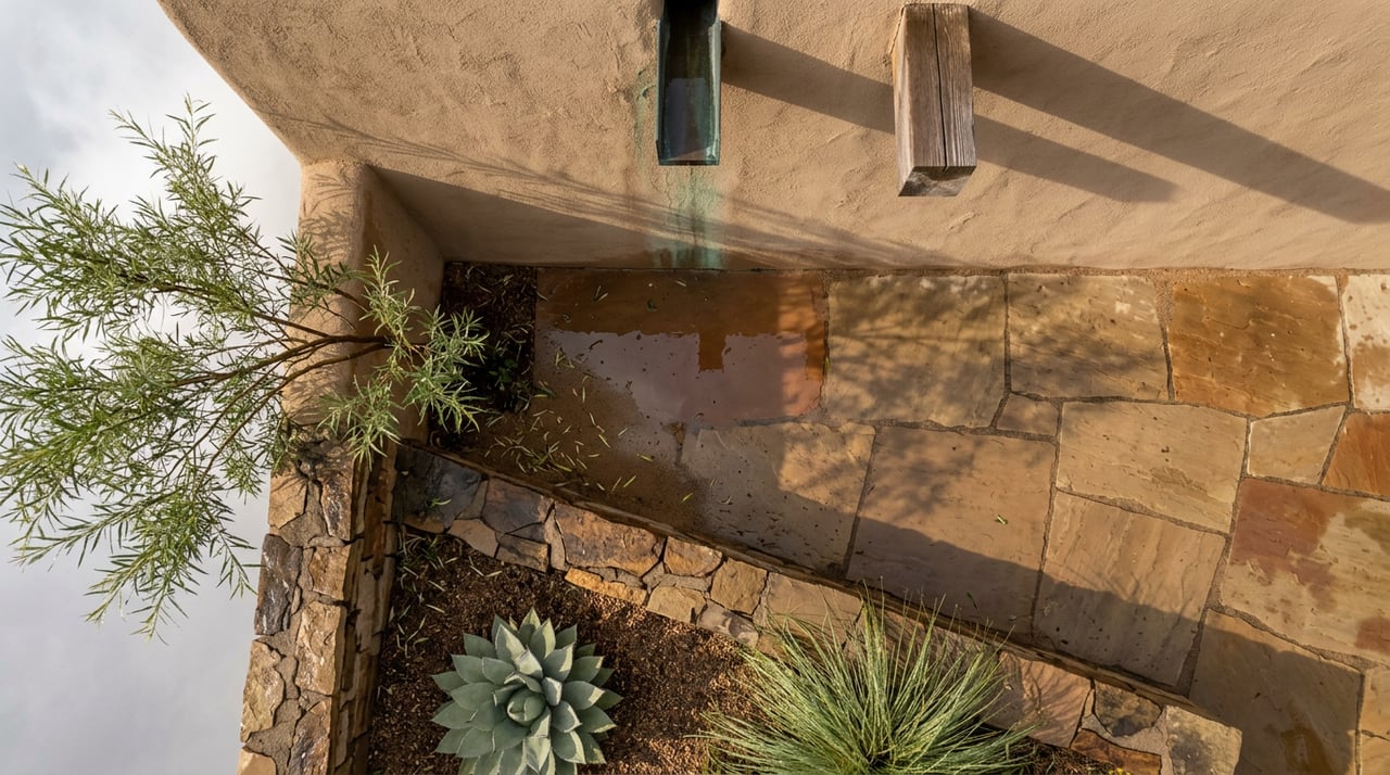 Wet flagstone terrace beneath a desert willow, with a puddle reflecting the sky and an agave beside the stone bed.