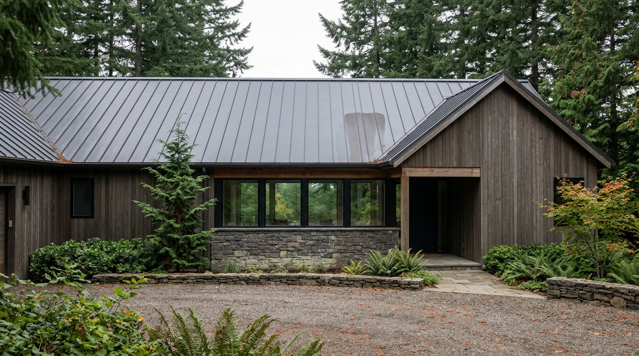 Wooded home with dark cedar siding, a charcoal metal roof, black-framed windows, and a stone entry beside a gravel drive.