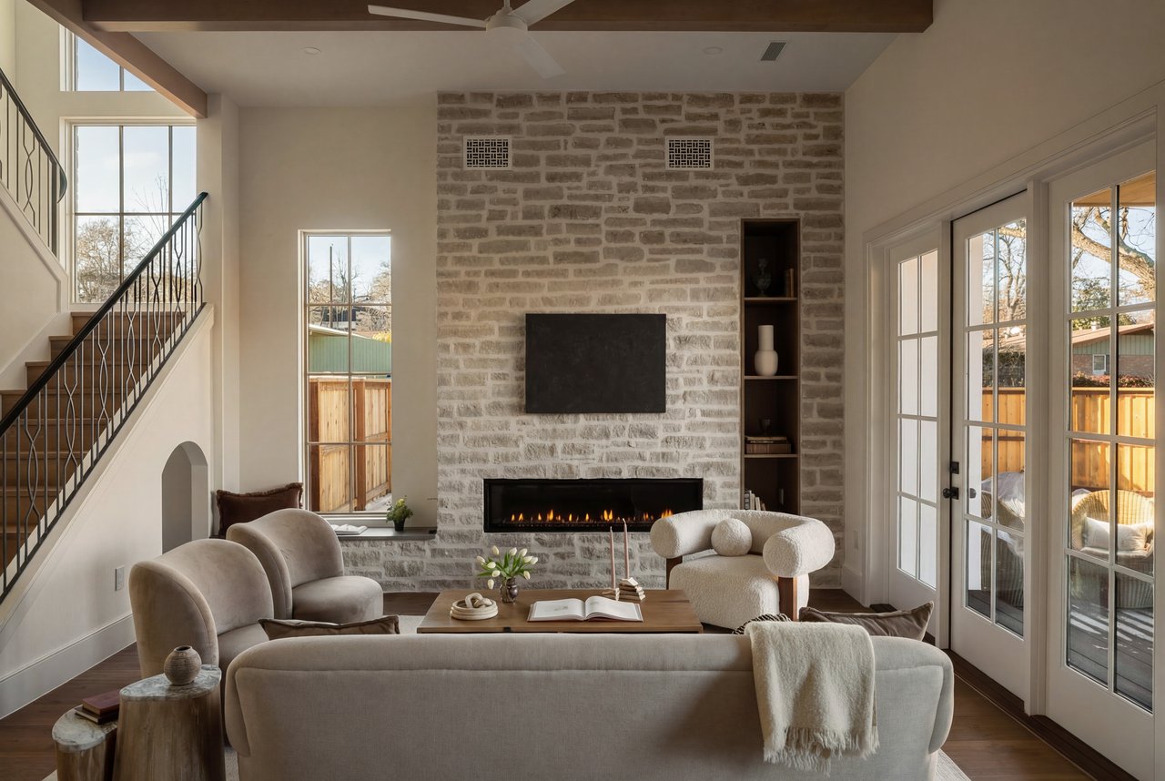 Staged living room with a floor-to-ceiling stone fireplace, built-in shelves, and French doors.