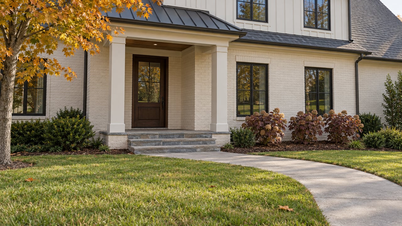 Autumn lawn and curved concrete approach leading to a covered entry on an ivory brick home with black-framed windows and white board-and-batten siding.