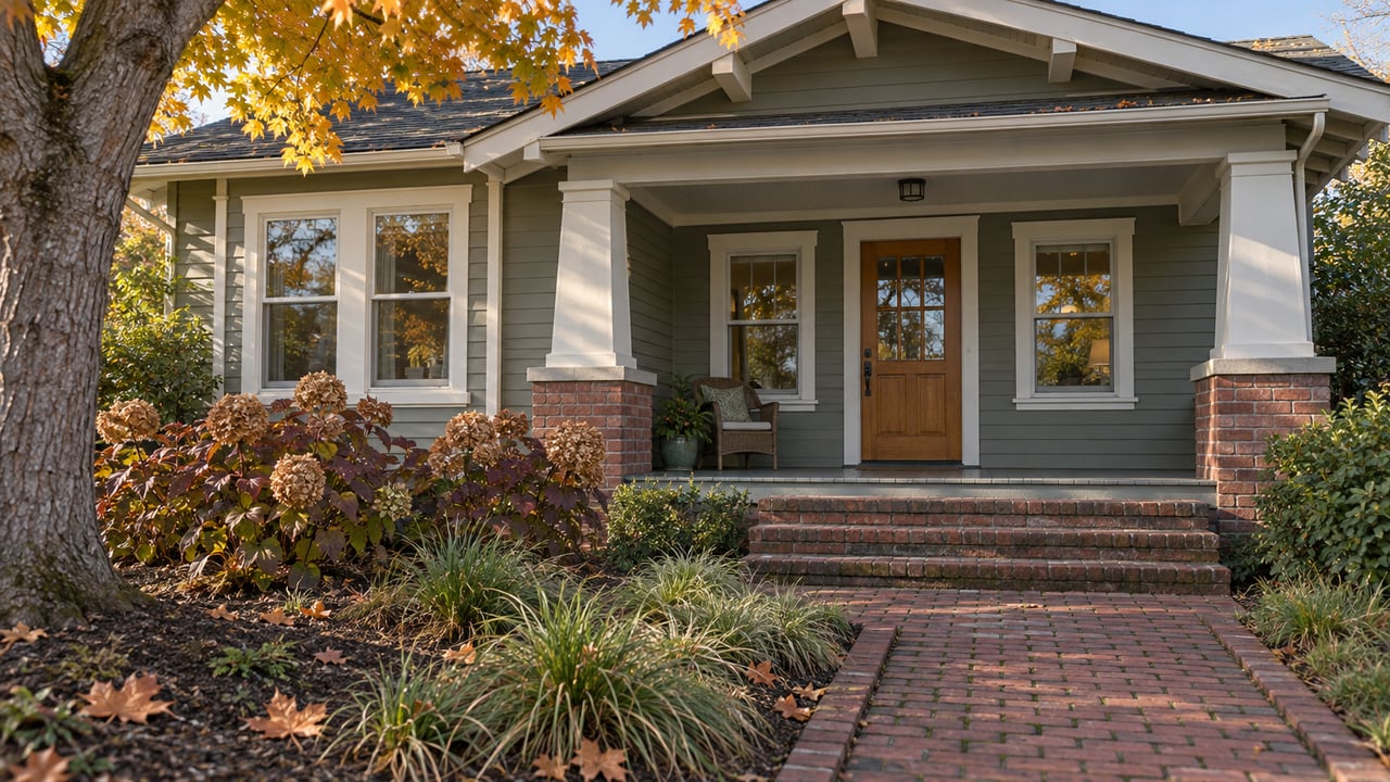 Gray-green craftsman cottage with a brick garden walk, covered porch and autumn maple foliage.