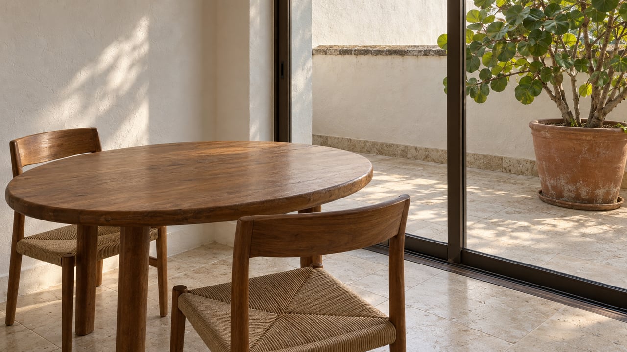 Teak dining furniture and cream limestone flooring beside closed bronze-framed glass doors opening visually onto a white-walled terrace with a potted sea grape.
