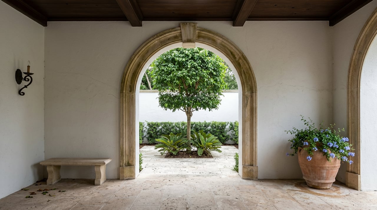 Coral-stone loggia frames an arched view into a walled garden with a clipped tree and low hedge.