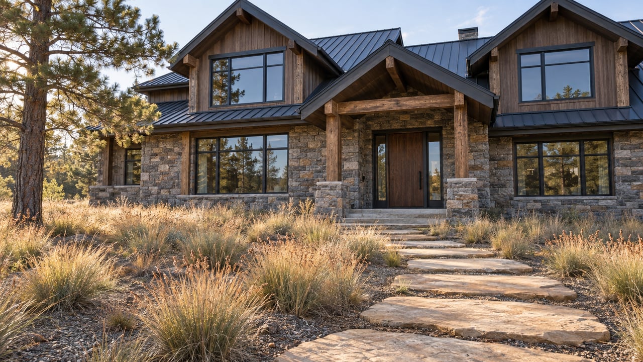 Two-story timber and stone house with charcoal gables, reached by sandstone stepping slabs through sparse grasses.
