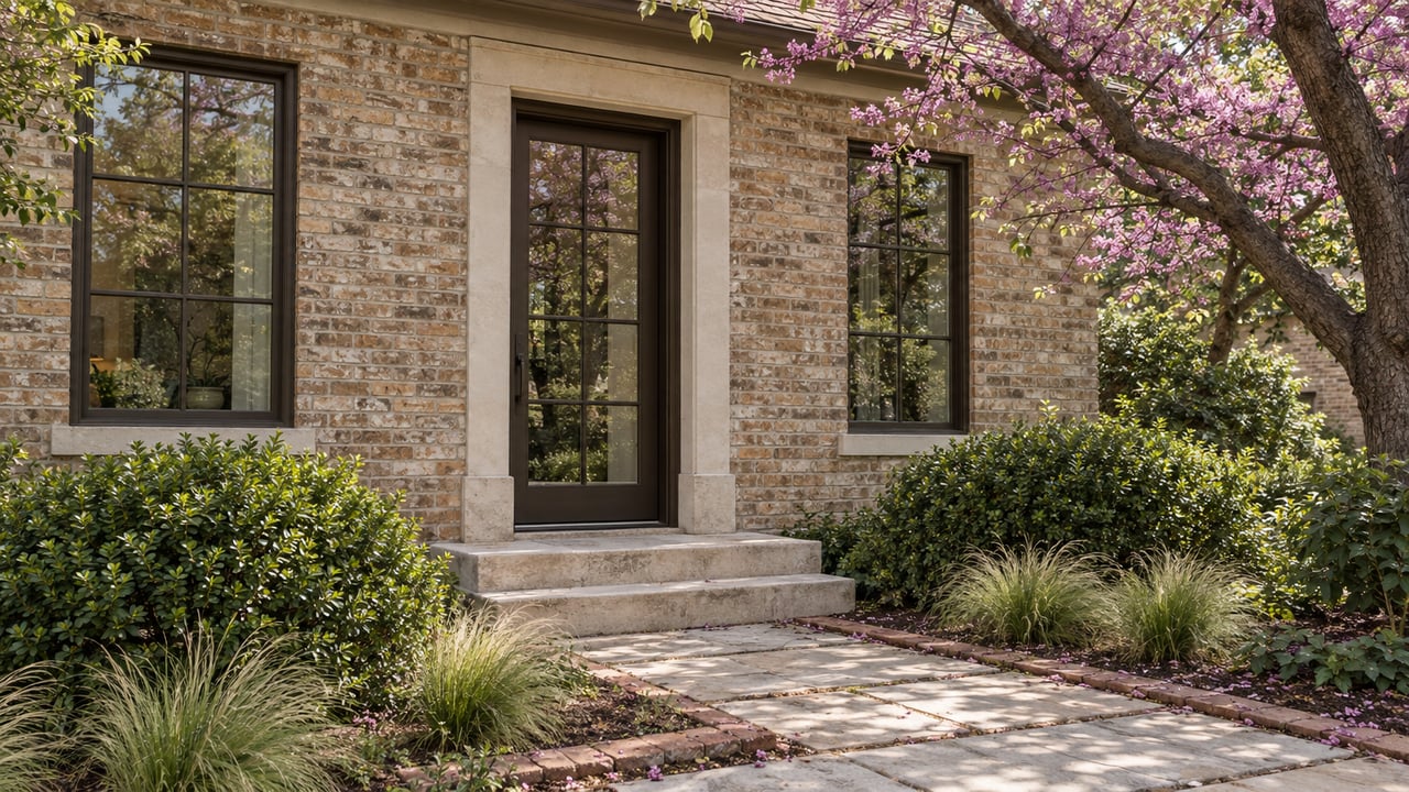 Updated brick house with a bronze entry door, limestone path, and redbud tree shading the front garden.