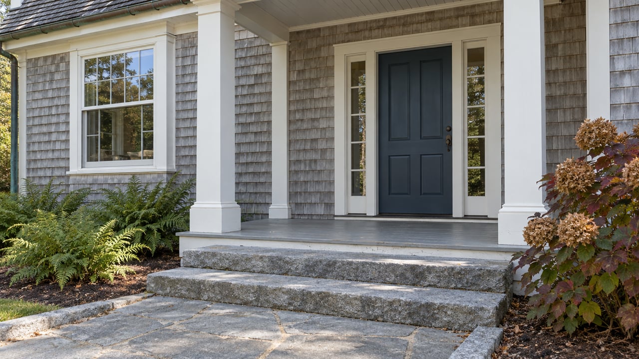 Weathered cedar-shingle home entrance with an ivory porch, blue door, granite steps and autumn oakleaf hydrangea.