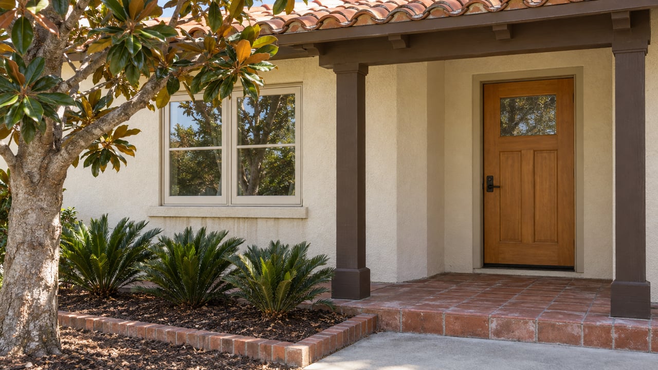 Sunlit stucco home entry with a terracotta roof, wood door, clay-paver porch and mature magnolia.