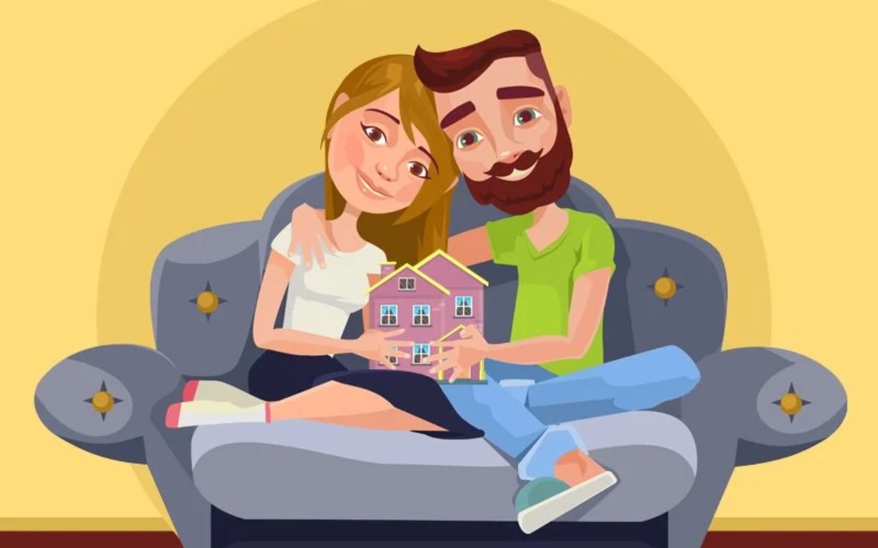 Illustrated couple sitting together on a sofa and holding a model house