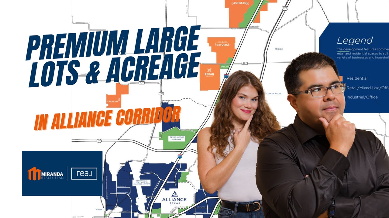 Edson and Paige Miranda of Miranda Realty Team in front of Alliance Texas map showing premium large lots and acreage opportunities in Alliance Corridor, Denton County, North Texas
